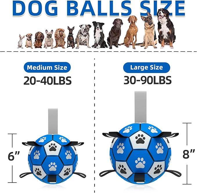 QDAN Dog Ropes Toys Soccer Ball with Straps, Interactive Dog Toys for Tug of War, Puppy Birthday Gifts, Dog Tug Toy, Dog Water Toy, Durable Dog Balls for Small & Medium Dogs-Blue&Grey(6 Inch)