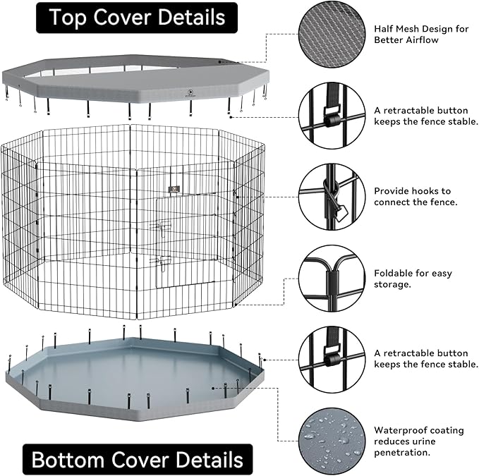 PJYuCien Puppy Playpen,8 Panels 36”H Dog Playpen with Gery Bottom Pad and Grey Top Cover,Metal Foldable Dog Exercise Pen for Indoor,Better for Small Pets,Grey