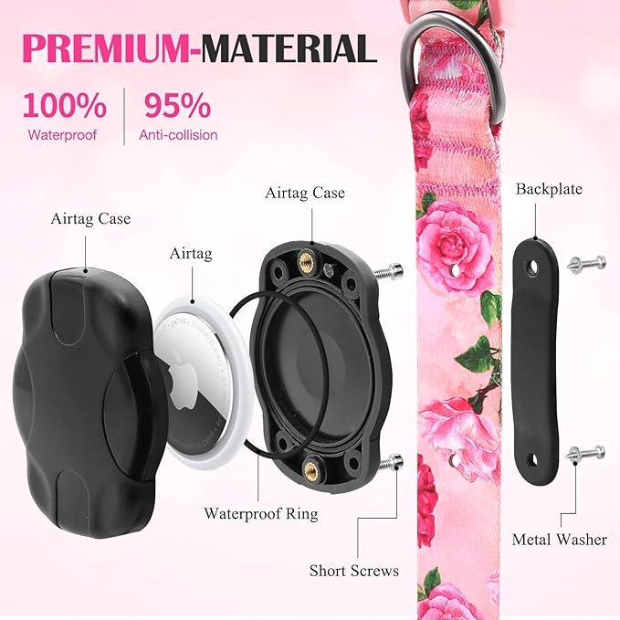 Airtag Dog Collar for Small Dogs, Rose-Pink Dog Collars Girl with AirTag Holder Waterproof Airtag Case, Including Flower Spring Dog Collar Bowtie, for All Female Dogs 