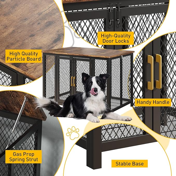 48 Inch Flip Top Dog Crate Furniture, Large Dog Kennel with 2 Doors, Latches, Heavy Duty Metal Dog Cage End Table, Farmhouse Dog Furniture for Large Medium Small Dogs, Brown