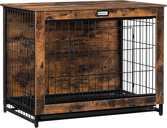 HOOBRO Dog Crate Furniture, Large Dog Kennel, Wooden Pet Furniture with Pull-Out Tray, Home and Indoor Use, Double Doors Modern Side End Table for Medium/Large/Small Dog, Rustic Brown BF802GW03G1