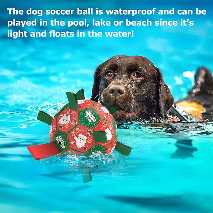 QDAN Christmas Dog Soccer Balls with Straps, Interactive Dog Toys for Tug of War, Puppy Birthday Gifts, Dog Tug Toy, Dog Water Toy, Durable Dog Balls for Small & Medium Dogs(6 Inch)