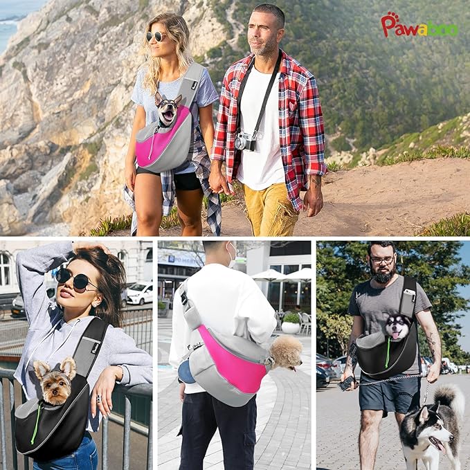 Pawaboo Pet Dog Sling Carrier, Hand Free Drawstring Dog Papoose with Adjustable Strap, Breathable Mesh Bag for Puppy Cat, Crossbody Satchel Dog Purse with Pocket for Outdoor Travel, Black, Small