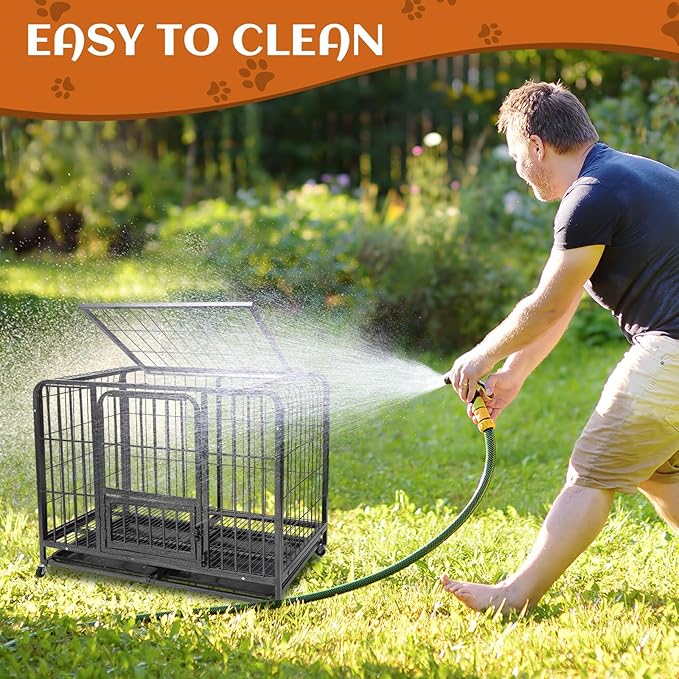 43.3inch Indestructible Metal Dog Crates for Large Dogs, Heavy Duty Escape Proof Dog Kennel Indoor Extra Large Dog Crate with Lockable Wheels, XL Dog Crate 43.3" L x 28.3" W x 37.8" H”