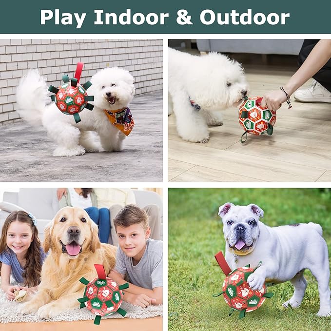 QDAN Christmas Dog Soccer Balls with Straps, Interactive Dog Toys for Tug of War, Puppy Birthday Gifts, Dog Tug Toy, Dog Water Toy, Durable Dog Balls for Small & Medium Dogs(6 Inch)