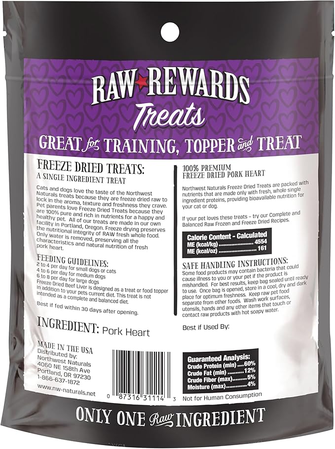 Northwest Naturals Raw Rewards Freeze-Dried Pork Heart Treats for Dogs and Cats - Bite-Sized Pieces - Healthy, 1 Ingredient, Human Grade Pet Food, All Natural - 3 Oz (Pack of 3)