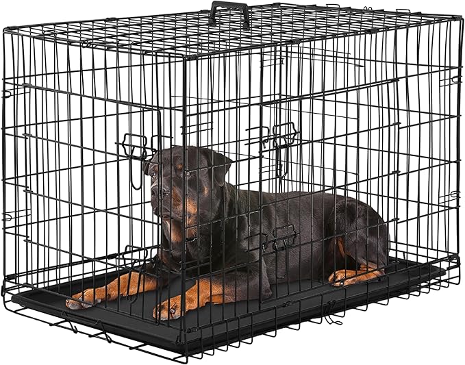 24/7 Shop at Home Gossamer Metal Double Door Folding Wire Pet Crate with Divider, Removable Tray, and Handle for Outdoor and Indoor Medium Dog, 48-inch, Black