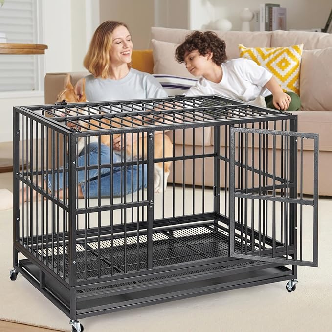48 “ Heavy Duty Dog Crate, Cage Kennel with Wheels&Brakes, High Anxiety Indestructible, Sturdy Locks Design, Double Door and Removable Tray, for Large Pets
