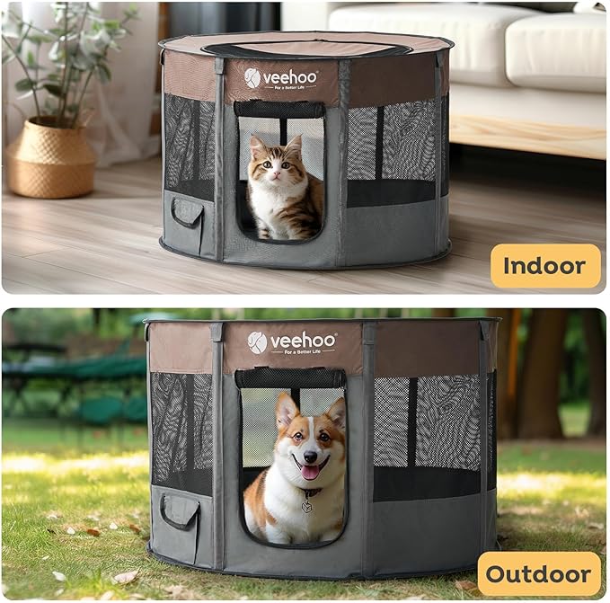 Veehoo Portable Puppy Playpen, Pet Kitten Playpen for Indoor Portable PopUp Dog Kennel Foldable Playpen Outdoor Tent Crate with Carrying Case for Kitten Puppy Small Animal,Coffee 35.8"Lx35.8"Wx22.8"Th
