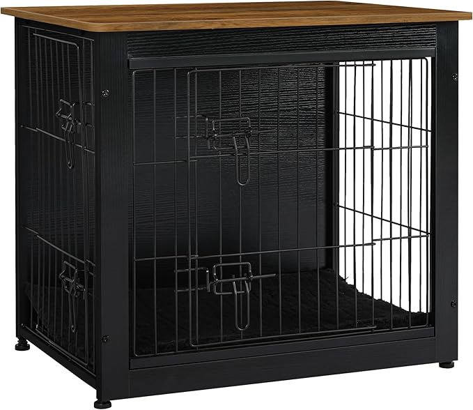DWANTON Dog Crate Furniture with Cushion, Wooden Dog Crate with Double Doors, Dog Furniture, Dog Kennel Indoor for Small Dog,End Table, 27.2" L, Black+Warm Brown