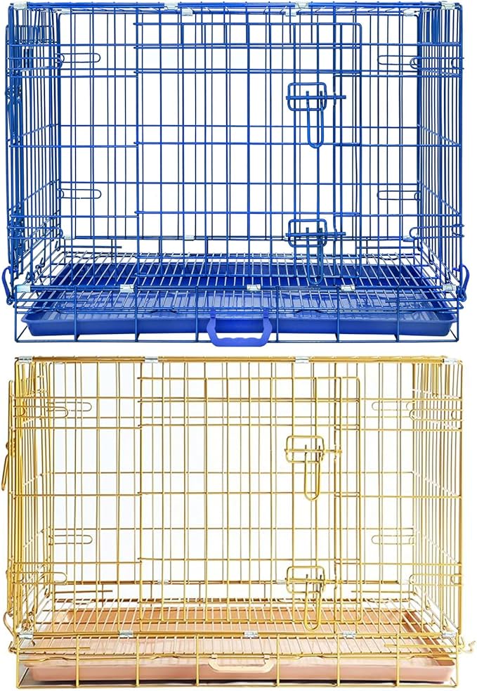 Homey Pet Medium Dog Crate, 30 Inch Dog Cage for Small Dogs, Collapsible Nano-Coating Metal Wire Small Dog Kennel Indoor with Removable Grid Tray, Double Doors, GOLD30+Blue Bundle