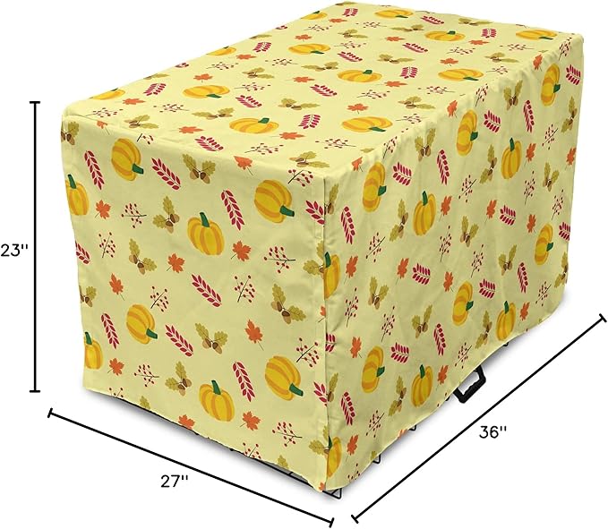 Lunarable Autumn Pumpkin Dog Crate Cover, Seasonal Image with Fall Botanical Elements Leaves and Acorns, Easy to Use Pet Kennel Cover for Medium Large Dogs, 36 Inch, Pastel Yellow Multicolor