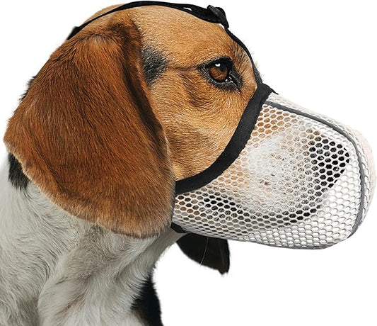 Dog Muzzle, Breathable Soft Muzzle for Small to Medium Dogs to Anti & Prevent Barking Biting Chewing, Reflective & Adjustable Basket Muzzle with Air Mesh for Schnauzer Beige M