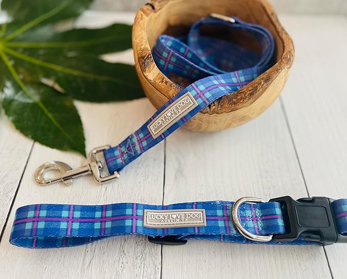 Lucky Love Dog, Blue and Violet Plaid Dog Collar, Adjustable & Comfy Collar for Boy and Girl Dog, Easy On & Off Clasp Accessory - (Medium, Scotty Collar)