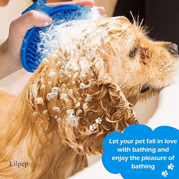 Dog Bath Brush Dog Grooming Brush, Lilpep Pet Shampoo Bath Brush Soothing Massage Rubber Comb with Adjustable Ring Handle for Long Short Haired Dogs and Cats Yellow