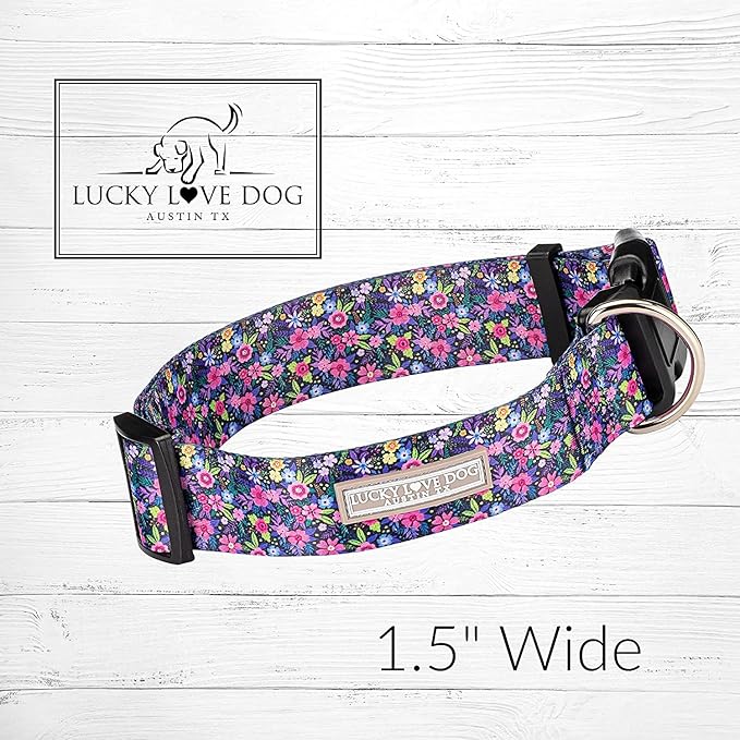 Lucky Love Dog Wide Dog Collar - Adjustable, Durable, Soft Webbing, & Comfortable 1.5 inch Wide Collar for Dogs Male and Female - in Primrose Pattern with Strong Buckle, Medium Size