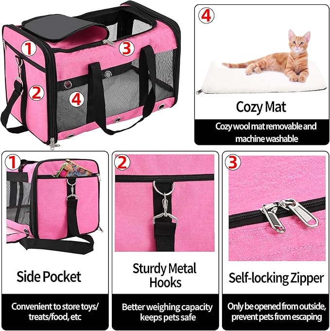 Soft Sided Cat/Dog Carrier,Collapsible Pets Travel Carriers for Pet/Puppy with Shoulder Strap & Removable Mat,Mesh Top Load Small Dogs/Cats Carry Bag Up to 17 Lbs TSA Airline Approved(Pink,M)