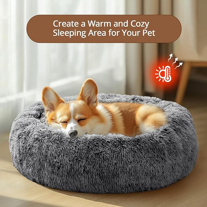 JOLLYVOGUE Donut Dog Bed for Large Dogs, Anti-Anxiety Washable Round Large Pet Bed, Calming Donut Dog Bed for Sleeping, Fluffy Dog Beds for Large Dogs, Round Bed for Indoor Pet (36"/Smoke Black