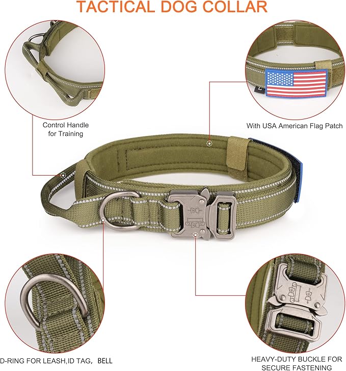 KCUCOP Tactical Dog Collar, Heavy Duty Dog Collar with Handle and Metal Buckle, Military Thick Dog Collars for Medium and Large Dogs(Green-Reflective Set-L, 1 Patch)