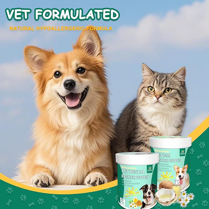 Pet Finger Wipes for Ear and Teeth - 120 Count Cleaner Finger Wipes For Dog and Cat, Dental Ear Care Wipes, Hypoallergenic Dog Wipes to Remove Plaque Tartar, Relieve Ear Itching and Inflammation