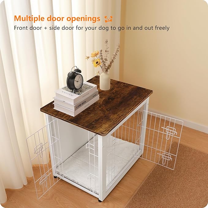 DWANTON Dog Crate Furniture with Cushion, Wooden Dog Crate with Double Doors, Dog Furniture, Dog Kennel Indoor for Small Dog,End Table, 27.2" L, White+Rustic Brown