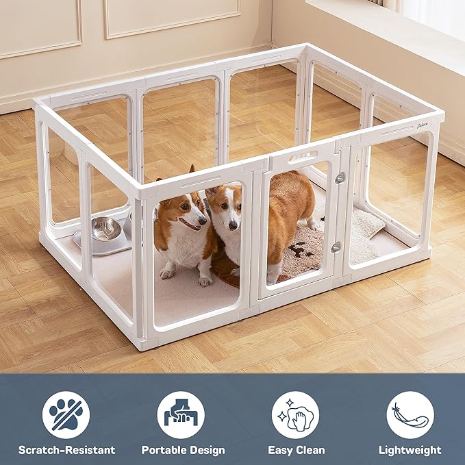 Acrylic Dog Playpen Indoor, 24“ H Plastic Pet Playpen with Door, Clear Pet Play Pen for Puppy Cat Rabbit Ferret, Easy Assemble Dog Pen, Preferable for Small Cage, White 10 PCS