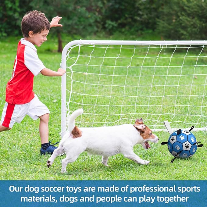QDAN Dog Ropes Toys Soccer Ball with Straps, Interactive Dog Toys for Tug of War, Puppy Birthday Gifts, Dog Tug Toy, Dog Water Toy, Durable Dog Balls for Small & Medium Dogs-Blue&Grey(6 Inch)