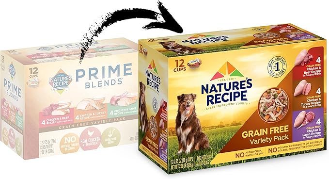 Nature’s Recipe Grain Free Chicken & Beef Recipe, Chicken & Turkey Recipe and Chicken & Lamb Recipe in Savory Broth Variety Pack Wet Dog Food, 12-2.75 oz. Cups, 2 Count