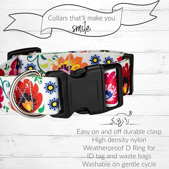 Lucky Love Dog Wide Dog Collar - Adjustable, Durable, Soft Webbing, & Comfortable 1.5 inch Wide Collar for Dogs Male and Female - in Ladybird Pattern with Strong Buckle, Medium Size