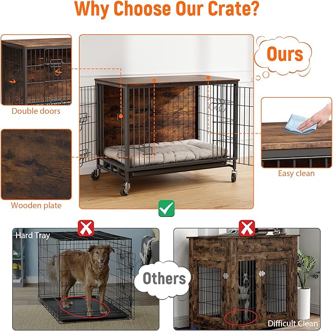 2024 Dog Crate Furniture, 38.6" Double-Doors Dogs Kennel Indoor with Removable Tray and Wheels, Wooden Dog Crates for Large Dogs, Large Dog Crate, Decorative Dog Cage End Table, Rustic Brown