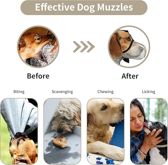 Dog Muzzle, Breathable Soft Muzzle for Small to Medium Dogs to Anti & Prevent Barking Biting Chewing, Reflective & Adjustable Basket Muzzle with Air Mesh for Schnauzer Beige M