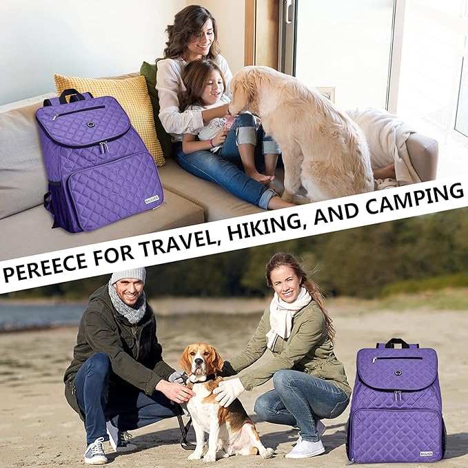 BAGLHER Dog Travel Bag Airline Approved Pet Supplies Backpack, Dog Travel Backpack with 2 Silicone Collapsible Bowls and 2 Food Baskets Purple