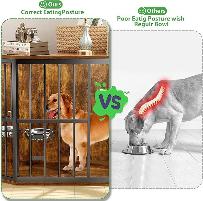 Large Dog Crate Furniture, 53โ Heavy Duty Corner Dog Crate with 2 Stainless Steel Bowls, Dog Kennel Furniture Style House, Wooden Decorative Pet House End Side Table, Chew-Resistant, Rustic