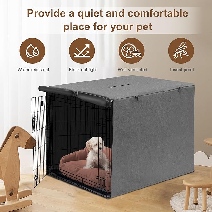 HiCaptain 48 inch Dog Crate Cover with Card Pocket, Heavy Duty Polyester Windproof Pet Kennel Cover Universal Fit for 1 or 2 Doors Standard Wire Crate (Grey)