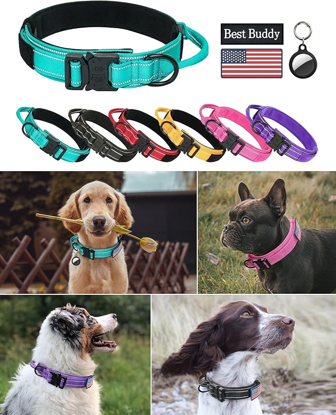 AUBELL Tactical Dog Collar - Adjustable Military Training Nylon Reflective Collar with Handle and Heavy Duty Durable Metal Buckle for Medium Large Dogs, with Airtag Holder and Patches(Teal, L)