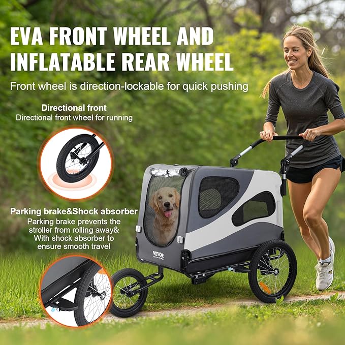 VEVOR Dog Bike Trailer, Supports up to 66/88/100 lbs, 2-in-1 Pet Stroller Cart Bicycle Carrier, Easy Folding Cart Frame with Quick Release Wheels, Universal Bicycle Coupler, Reflectors, Flag