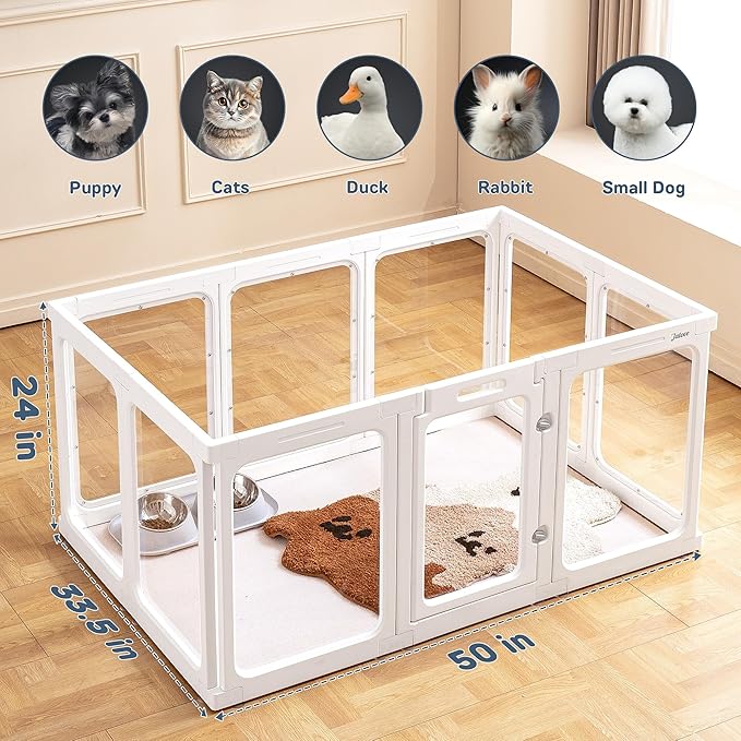 Acrylic Dog Playpen Indoor, 24“ H Plastic Pet Playpen with Door, Clear Pet Play Pen for Puppy Cat Rabbit Ferret, Easy Assemble Dog Pen, Preferable for Small Cage, White 10 PCS