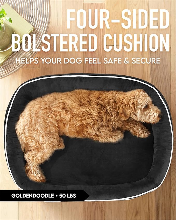 OhGeni Orthopedic Dog Bed for Extra Large Dogs, Dog Couch Design with Egg Foam Support, Removable, Washable Plush Cover and Non-Slip Bottom with Four Sided Bolster Cushion (Black)