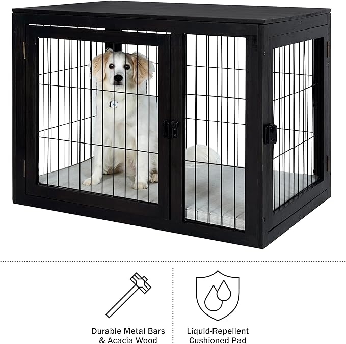 Furniture-Style Dog Crate - Acacia Wood Kennel for Large Dogs with Double Doors and Cushion - Dog Kennel Furniture by PETMAKER (Black)