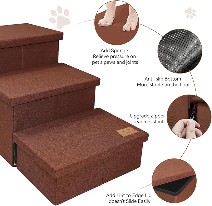 Dog Stairs with Storage 17.5" H, 3-Step Wider Dog Steps for Small/Medium/Large Dogs Cats, Folding Sturdy Pet Stairs Climbing Bed or Sofa, Dog Ramp for Car Hold Up to 200 lbs (Brown, No Condo)