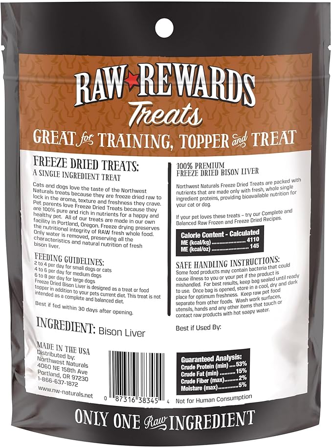 Northwest Naturals Raw Rewards Freeze-Dried Bison Liver Treats for Dogs and Cats - Bite-Sized Pieces - Healthy, 1 Ingredient, Human Grade Pet Food, All Natural - 3 Oz