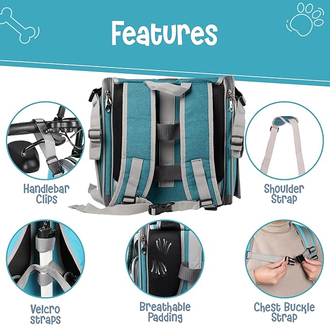 Dog Bike Basket, Mesh Windows, 2 Safety Leashes, Soft Sided, Safe Comfortable Pet Carrier for Small Dogs, Cats (Blue)
