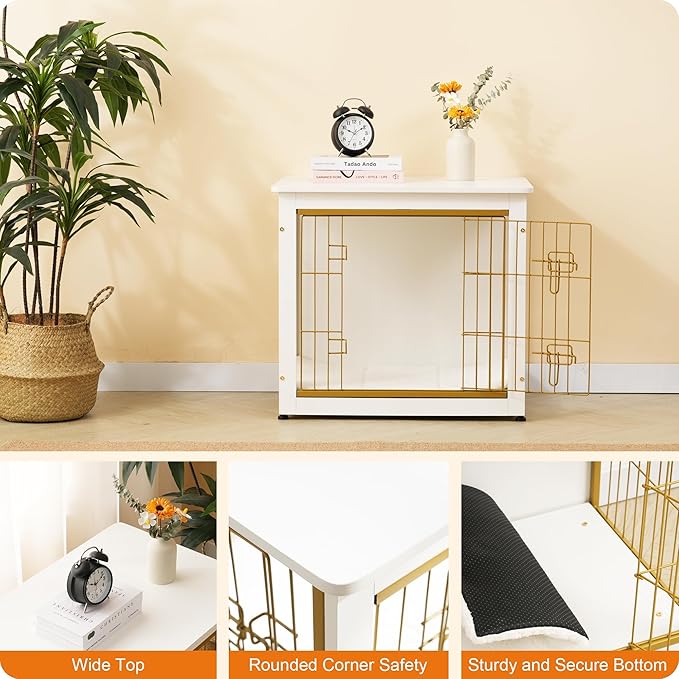 DWANTON Dog Crate Furniture with Cushion, Wooden Dog Crate with Double Doors, Dog Furniture, Dog Kennel Indoor for Small/Medium/Large Dog,End Table, Small, 27.2" L, White