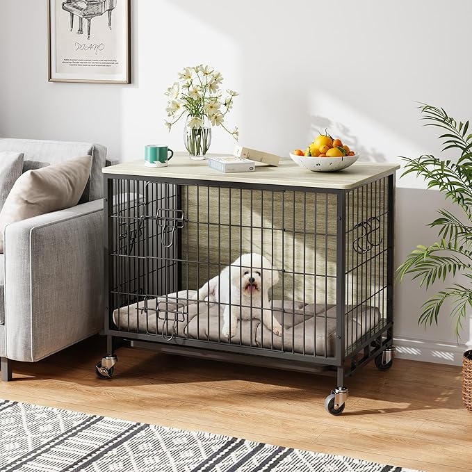 2024 Dog Crate Furniture, 38.6" Double-Doors Dogs Kennel Indoor with Removable Tray and Wheels, Wooden Dog Crates for Large Dogs, Large Dog Crate, Decorative Dog Cage End Table, Rustic Gray