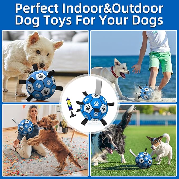 QDAN Dog Ropes Toys Soccer Ball with Straps, Interactive Dog Toys for Tug of War, Puppy Birthday Gifts, Dog Tug Toy, Dog Water Toy, Durable Dog Balls for Small & Medium Dogs-Blue&Grey(6 Inch)