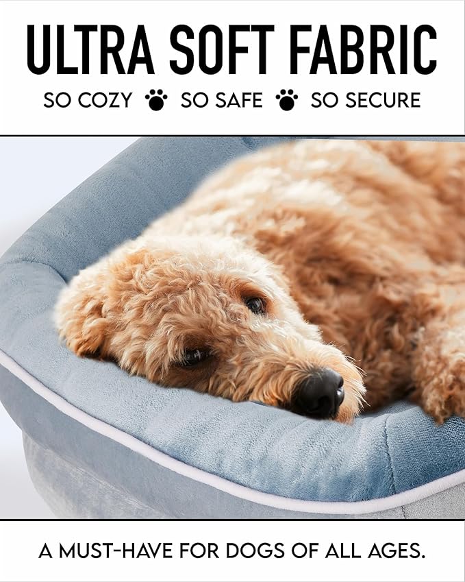 OhGeni Orthopedic Dog Bed for Extra Large Dogs, Dog Couch Design with Egg Foam Support, Removable, Washable Plush Cover and Non-Slip Bottom with Four Sided Bolster Cushion (Washed Blue)
