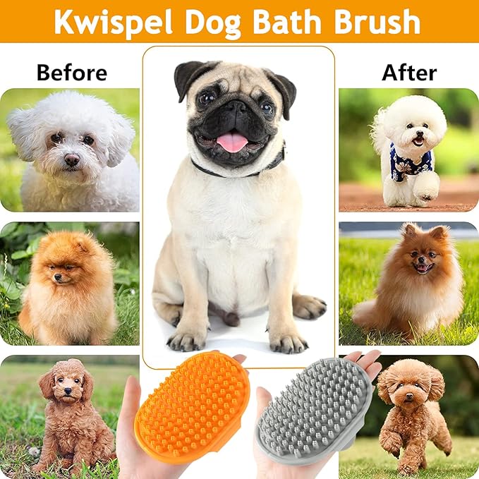 Dog Bath Brush Set - 2 Pcs Rubber Grooming and Shedding Brush for Short and Long Haired Dogs, Cats with Adjustable Handle - Perfect for Washing, Shampooing, and Bathing