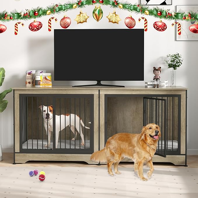 Rovibek 75 Inch Double Dog Crate Furniture with Double Doors, Removable Divider for Large Medium Dogs, Grey
