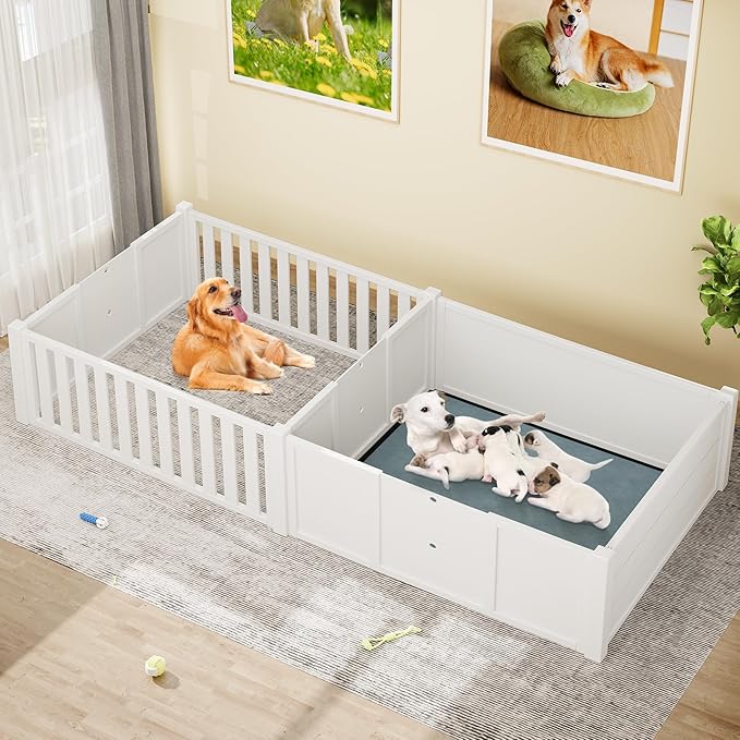 YITAHOME Whelping Box for Dogs/Puppies: 2-Room Large Indoor Outdoor Playpen 78" L x 39.4" W x 17.7" H with Removable Doors, Washable Pads, Portable Puppy Brooder