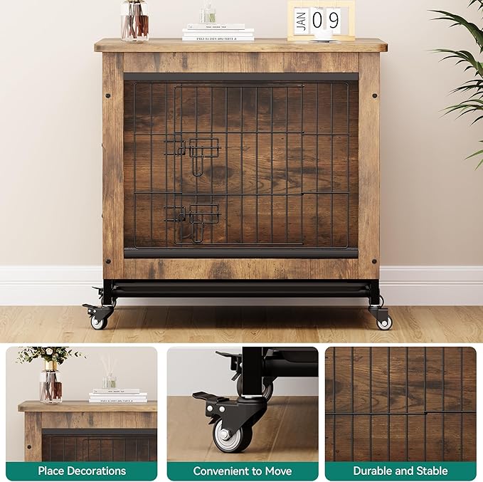 YITAHOME Dog Crate Furniture with Cushion, Dog Kennel Indoor with Wheels, 27" Dog Cage with Double Doors for Small Dog (Rustic Brown)
